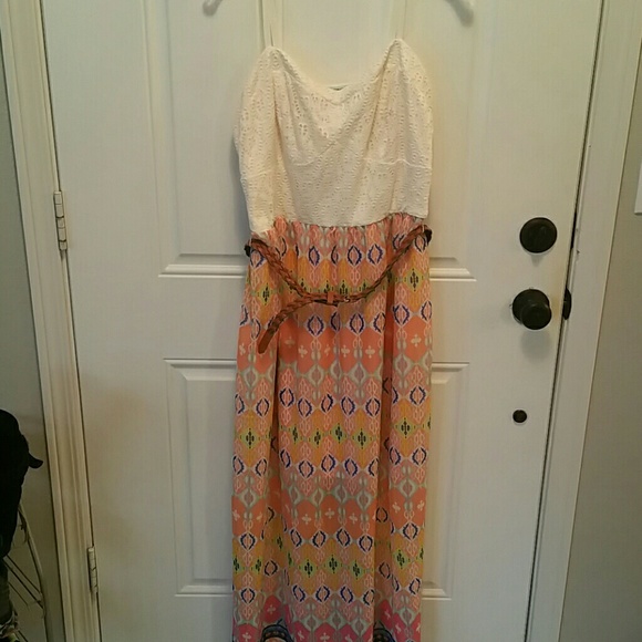 Cream and coral designed maxi dress