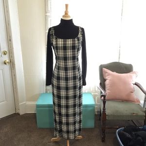 Vintage jumper dress black white plaid midi slit