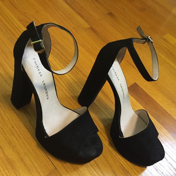 Black suede ankle strap heels