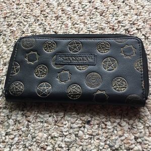 Black, Supernatural themed wallet, and scarf.
