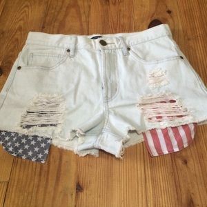 High waisted light wash jean shorts