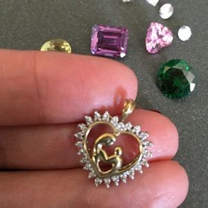 14K Solid Gold Diamond Mother and Child Heart Pend