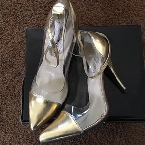 Wild Rose Gold pointed toe pumps with ankle strap