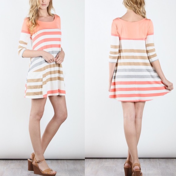 🆕EVA 3/4 sleeve multi color stripe pocket dress - Picture 2 of 3