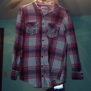 Plaid button up shirt with sparkly breast pockets