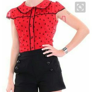 Voodoo Vixen Dainty Dames Flocked Roses Blouse Red