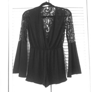 Black Deep V Neck Lace Jumpsuit