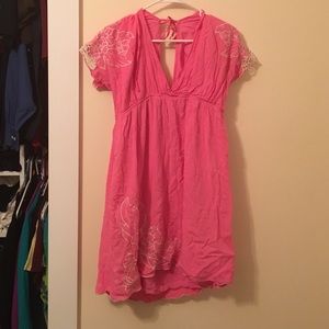 Pastel pink embroider summer dress v neck