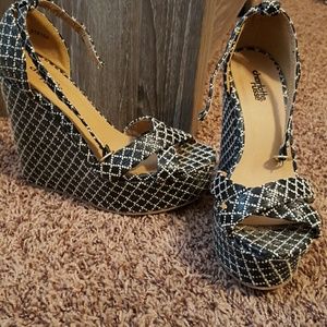 Black and white strap wedges
