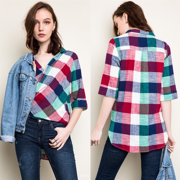 🆕KAITLYN High-Lo Plaid Shirt - ORANGE - Picture 4 of 4