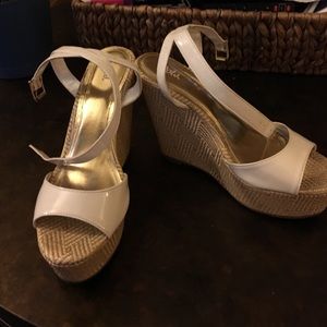 Tan and white wedge sandals