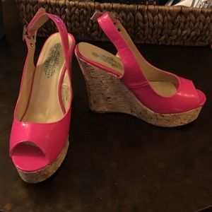 Hot pink cork wedge sandals