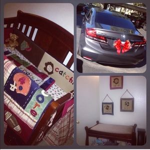 Crib, changing table and rocking chair.