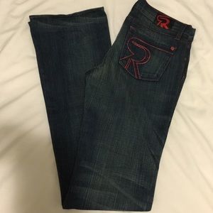 NWOT R&R Raspberry Rhinestone Pocket Flare Jeans