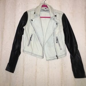 Light Blue Denim Jacket with Black Leather Sleeves