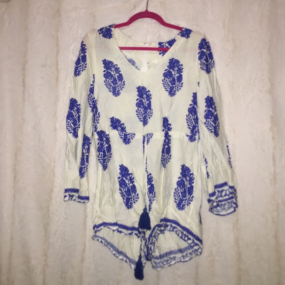 White w Blue Detailing Romper w Drawstring Waist