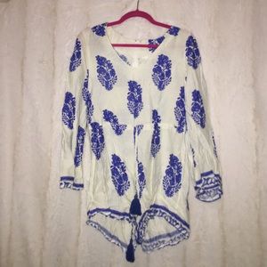 White w Blue Detailing Romper w Drawstring Waist