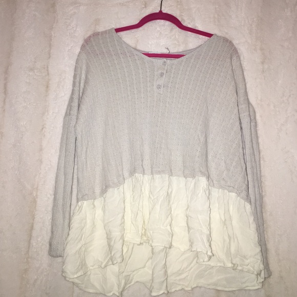 Grey Knit Sweater with White Pleat at the Bottom