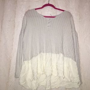 Grey Knit Sweater with White Pleat at the Bottom