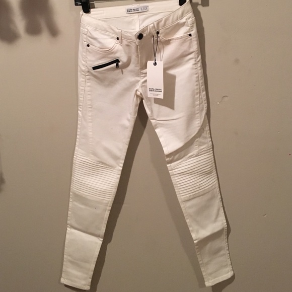 Zara White Quilted Moto Jeans