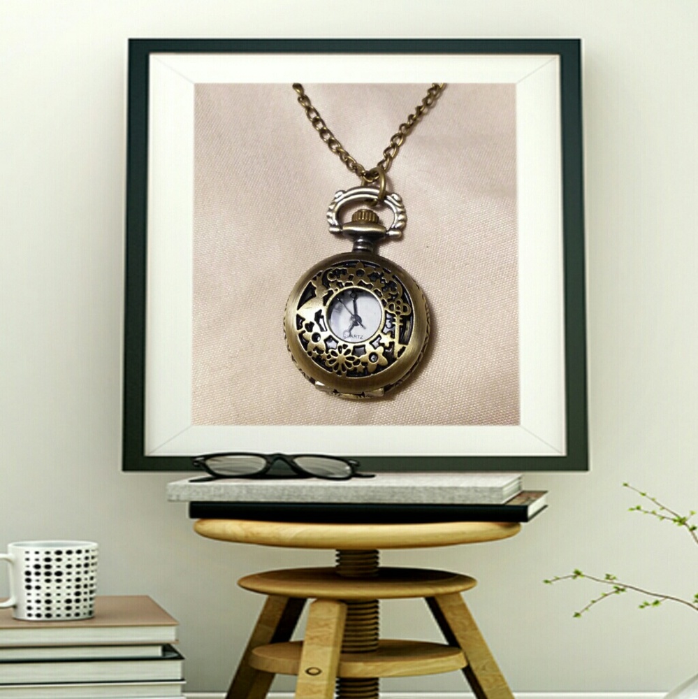 Bronze quartz pocket watch pendant chain necklace