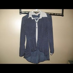 Blue and white polka dot blouse