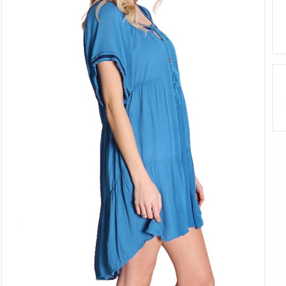 Blue pleated front tassel dress - Picture 3 of 4