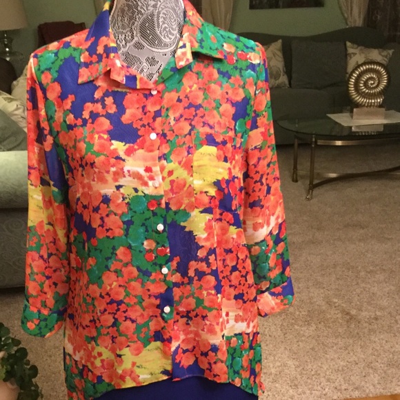 BRIGHT SHEER  ORANGE/ROYAL BLUE FLOWERED BLOUSE 🌻