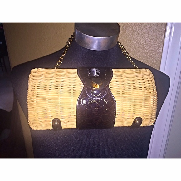 Vintage 90s Bamboo & faux leather resort clutch