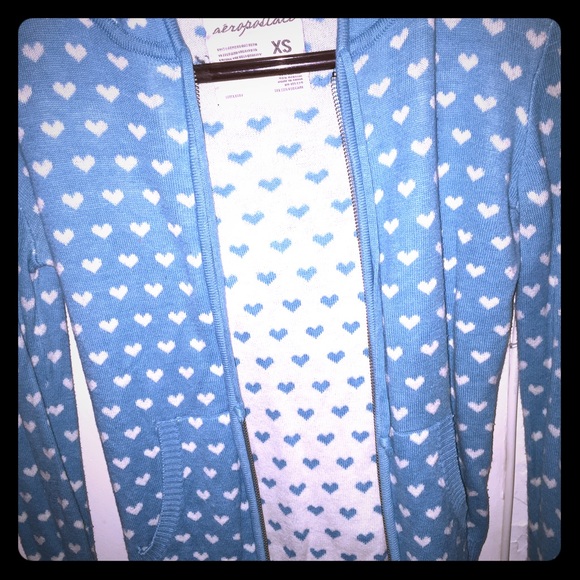 Aqua blue hearts zip up knit hoodie sweater