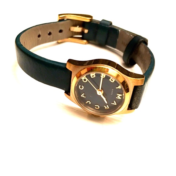 Teal leather band with gold framed face watch
