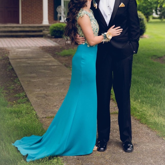 Tony Bowls Teal And Gold Prom Gown - Picture 2 of 4