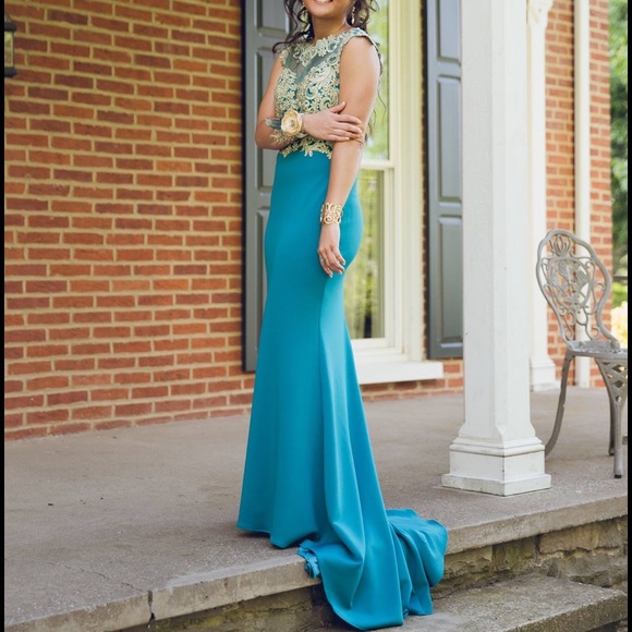 Tony Bowls Teal And Gold Prom Gown - Picture 3 of 4