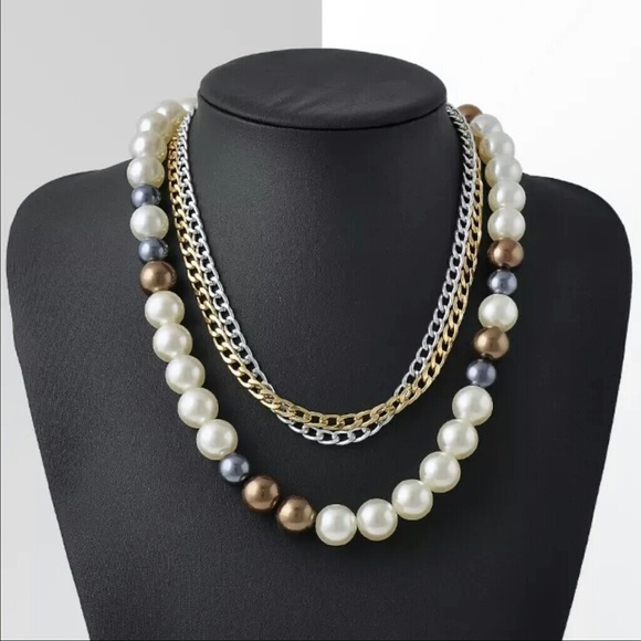 Multi layer Pearls and Chains Necklace - Picture 1 of 4
