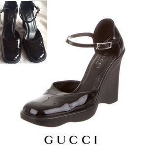 Gucci Classic Black Patent Wedge Platform Shoes