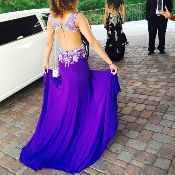 Purple Beaded Prom Dress .