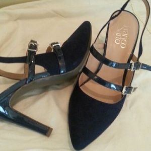 Navy suede and patent leather strap heels