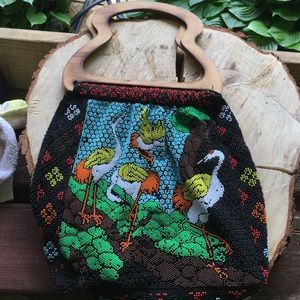 Vintage Beaded bird bag with wooden handles