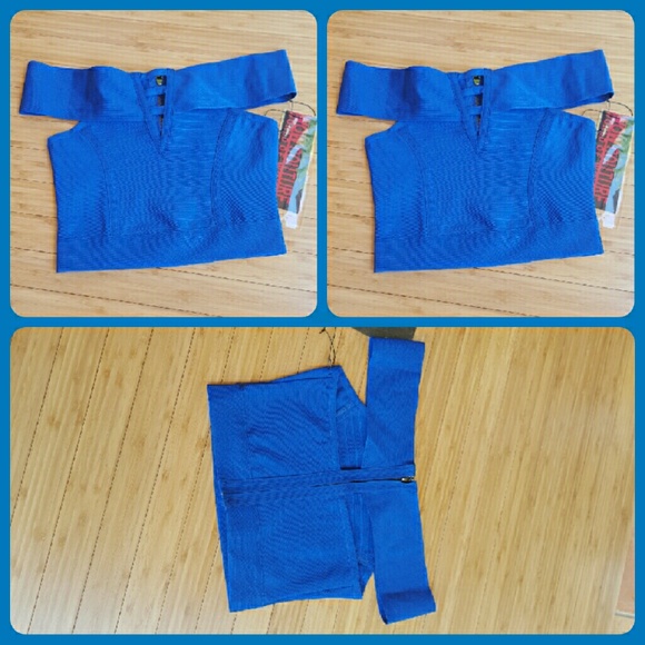 Royal blue off shoulder v neck crop bandage top - Picture 2 of 4