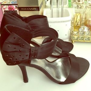 Black Satin Strap Cute Jeweled Heels