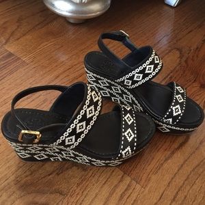 Tory Burch Navy Woven Wedge Sandals