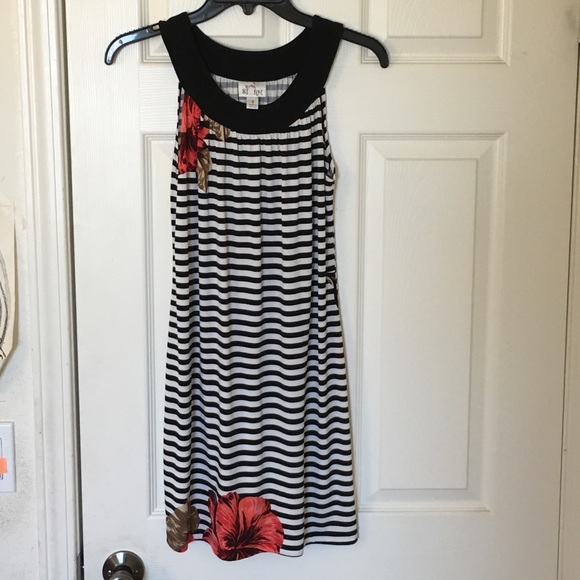 Black/white striped dress with red flowers