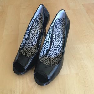 Patent Black Peeptoe Pumps