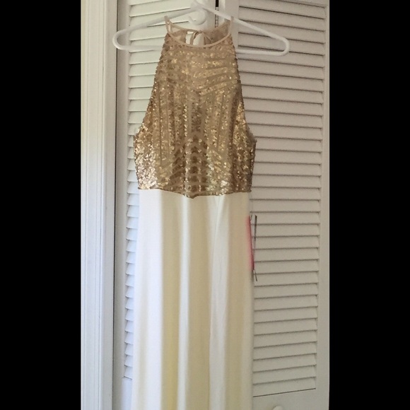 Full Length Gold and Ivory Prom Dress