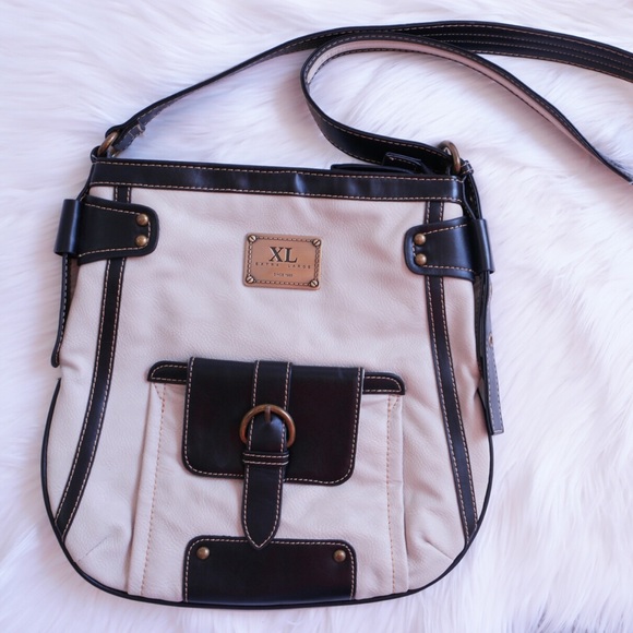 Beige and Black Faux Leather Crossbody Bag