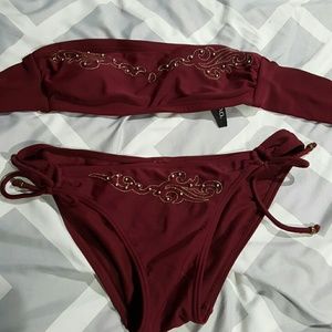 Maroon and gold bandeau bikini