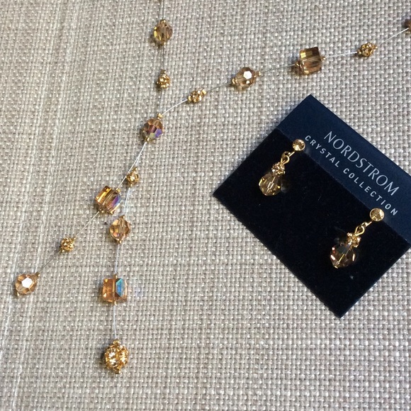 Nordstrom Gold Crystal Necklace and Clip Earrings