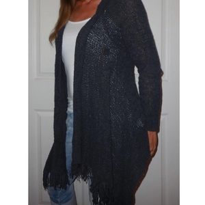 Navy Knit Fringe Blanket Cardigan
