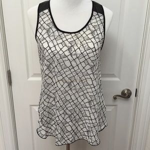 Sheer sleeveless faux leather trim top