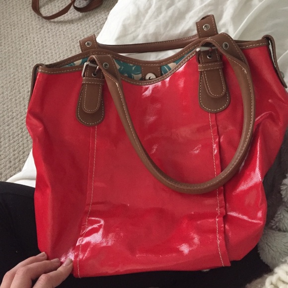 red oilcloth bag
